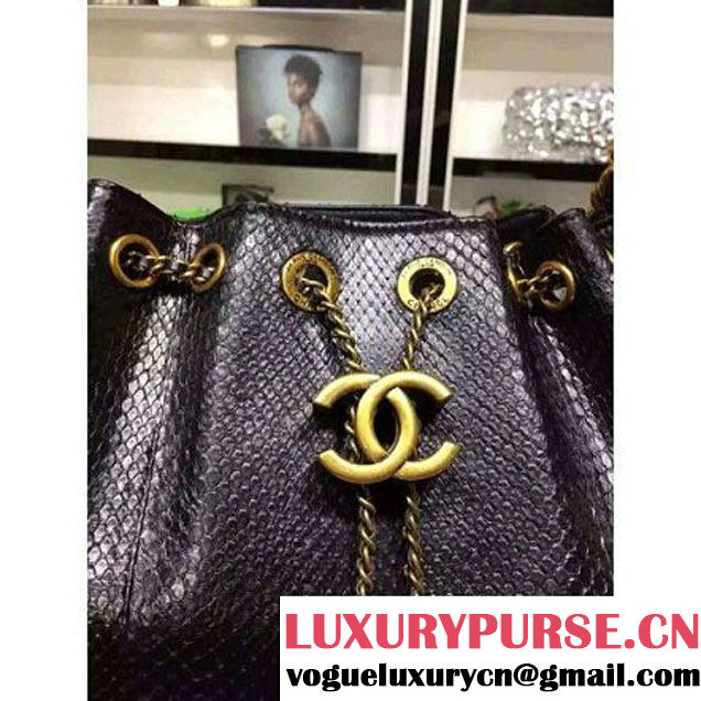 Chanel A93479 Python Leather Drawstring Bag Black 2016 (1A145-6070409 )