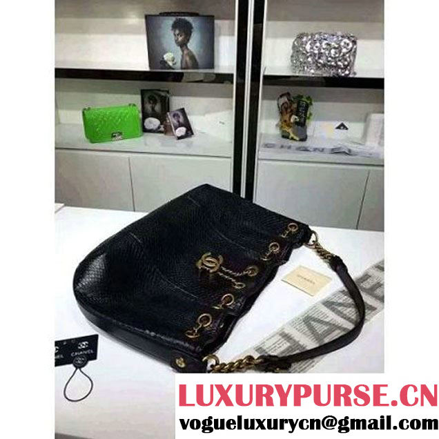 Chanel A93479 Python Leather Drawstring Bag Black 2016 (1A145-6070409 )