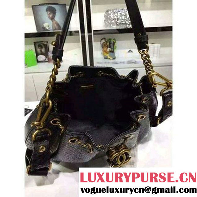 Chanel A93479 Python Leather Drawstring Bag Black 2016 (1A145-6070409 )