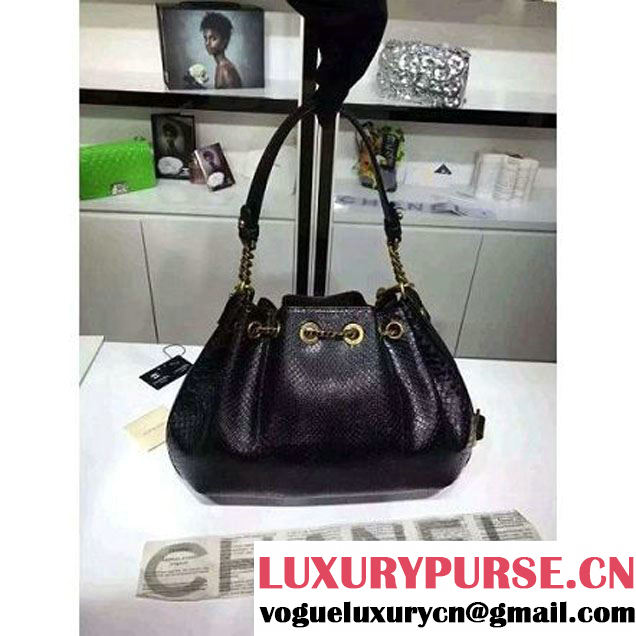 Chanel A93479 Python Leather Drawstring Bag Black 2016 (1A145-6070409 )