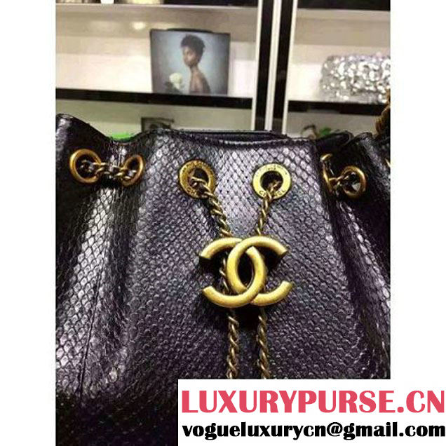 Chanel A93479 Python Leather Drawstring Bag Black 2016 (1A145-6070409 )