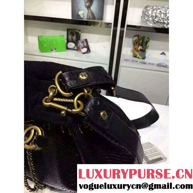 Chanel A93479 Python Leather Drawstring Bag Black 2016 (1A145-6070409 )