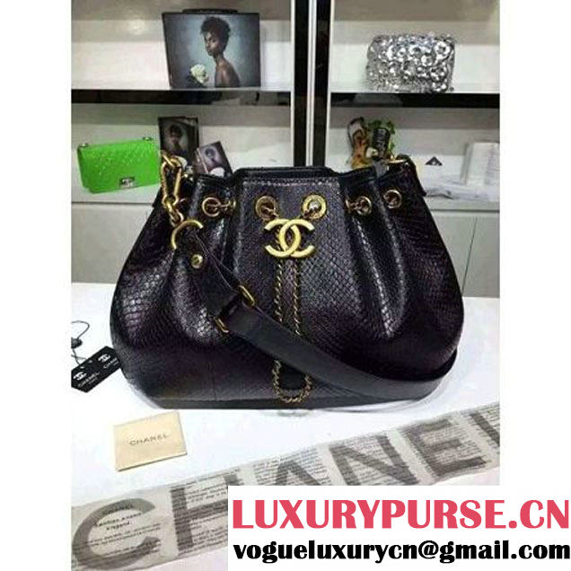 Chanel A93479 Python Leather Drawstring Bag Black 2016 (1A145-6070409 )
