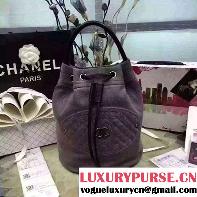 Chanel Printed CC Drawstring Bucket Bag Washed Denim Gray 2016 (1A145-6080207 )