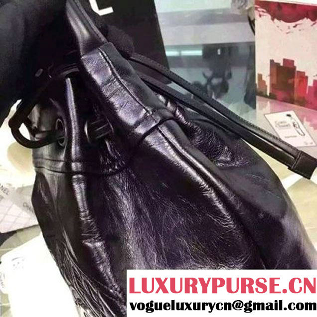 Chanel Printed CC Drawstring Bucket Bag Wax Leather Black 2016 (1A145-6080208 )