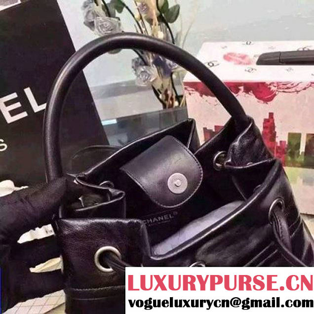 Chanel Printed CC Drawstring Bucket Bag Wax Leather Black 2016 (1A145-6080208 )