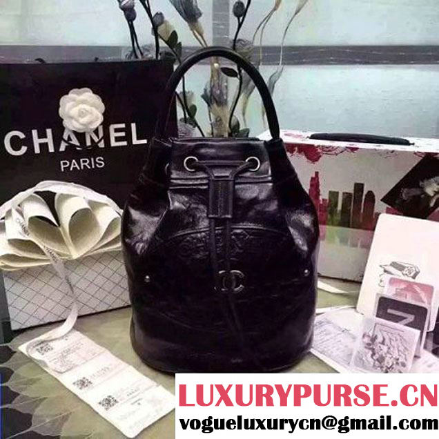 Chanel Printed CC Drawstring Bucket Bag Wax Leather Black 2016 (1A145-6080208 )