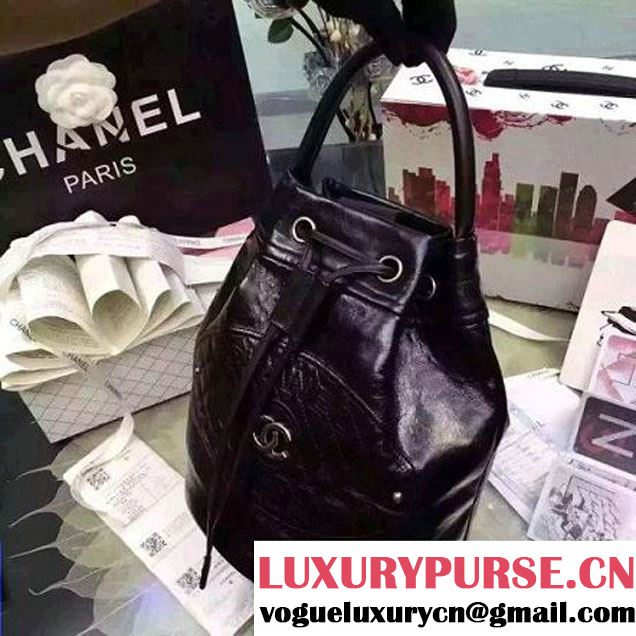 Chanel Printed CC Drawstring Bucket Bag Wax Leather Black 2016 (1A145-6080208 )