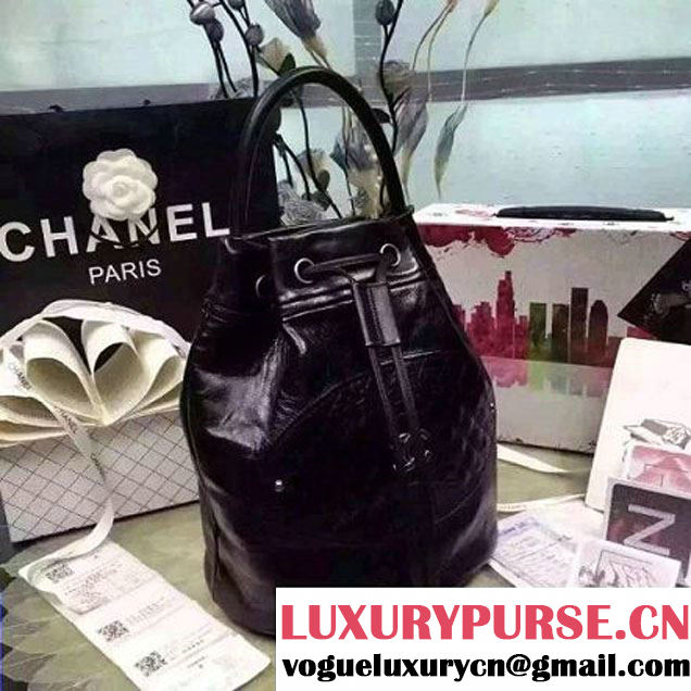 Chanel Printed CC Drawstring Bucket Bag Wax Leather Black 2016 (1A145-6080208 )