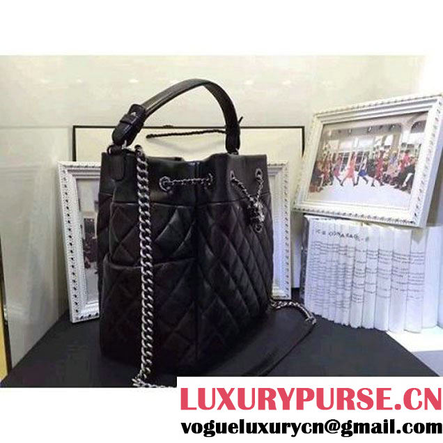 Chanel Black Quilting Lambskin & Silver Drawstring Bag A91273 F/W 2016  (AV-6101416 )