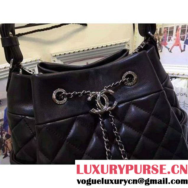 Chanel Black Quilting Lambskin & Silver Drawstring Bag A91273 F/W 2016  (AV-6101416 )