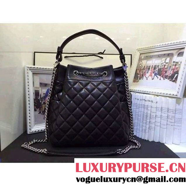 Chanel Black Quilting Lambskin & Silver Drawstring Bag A91273 F/W 2016  (AV-6101416 )