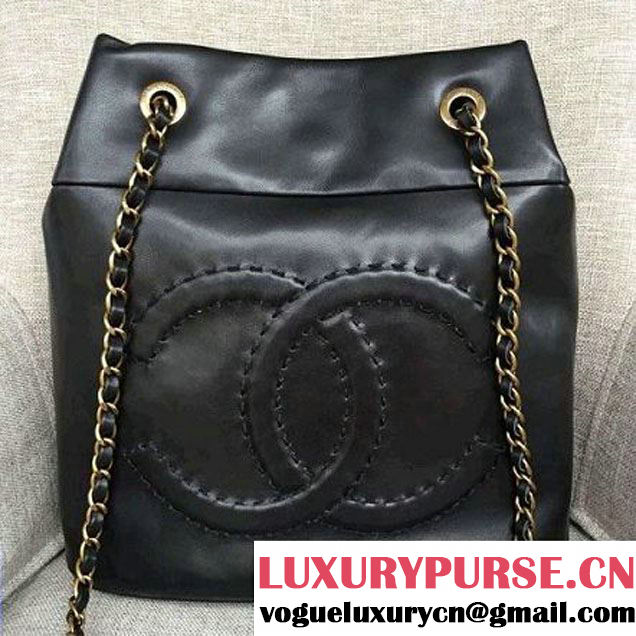 Chanel Lambskin Threading CC Logo Drawstring Bag Black 2016 (AV-6111718 )