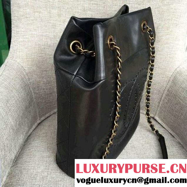 Chanel Lambskin Threading CC Logo Drawstring Bag Black 2016 (AV-6111718 )