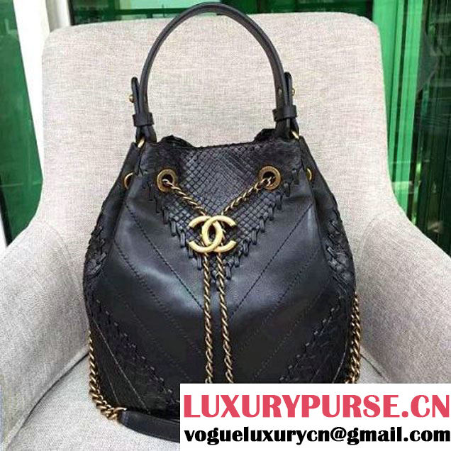 Chanel Calfskin & Python Leather Small Drawstring Bag Black 2016 (AV-6111719 )