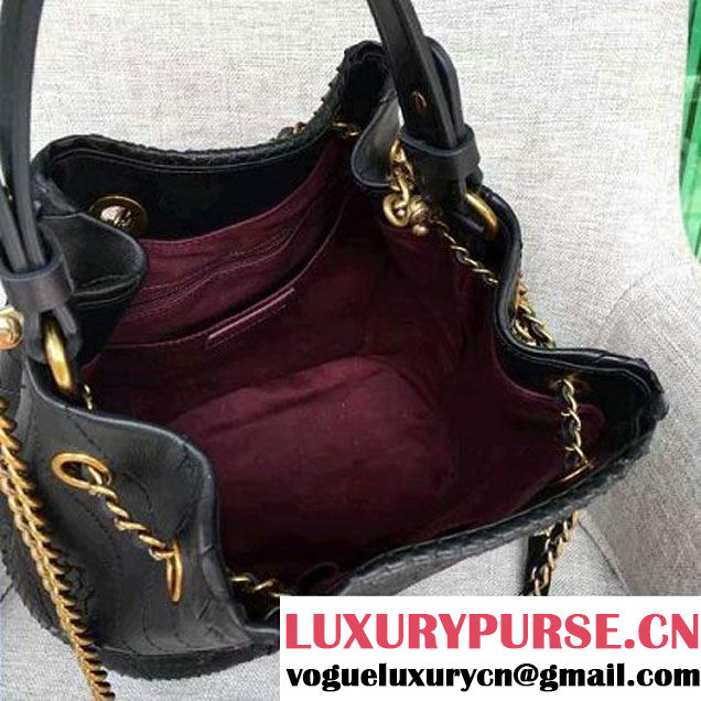 Chanel Calfskin & Python Leather Small Drawstring Bag Black 2016 (AV-6111719 )
