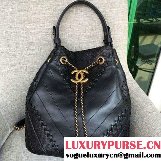 Chanel Calfskin & Python Leather Small Drawstring Bag Black 2016 (AV-6111719 )