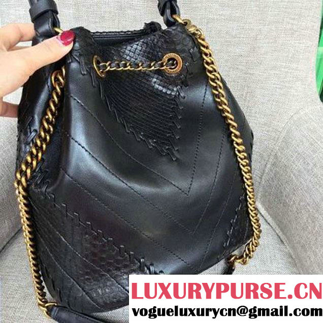 Chanel Calfskin & Python Leather Small Drawstring Bag Black 2016 (AV-6111719 )