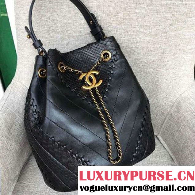 Chanel Calfskin & Python Leather Small Drawstring Bag Black 2016 (AV-6111719 )