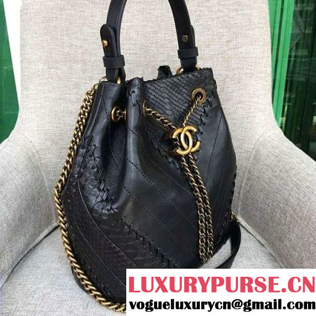 Chanel Calfskin & Python Leather Small Drawstring Bag Black 2016 (AV-6111719 )