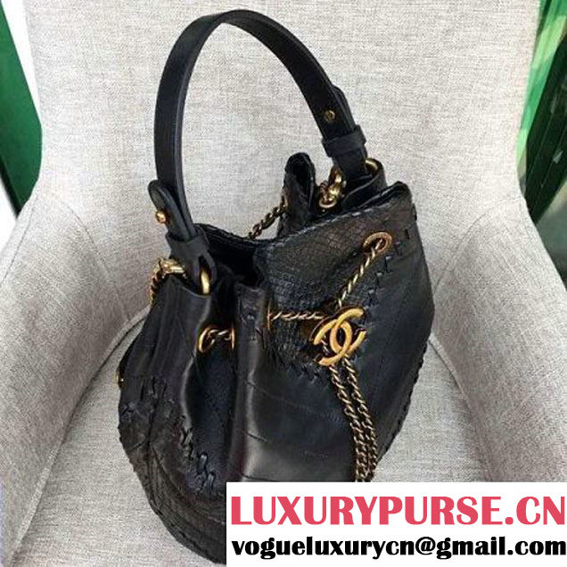 Chanel Calfskin & Python Leather Small Drawstring Bag Black 2016 (AV-6111719 )