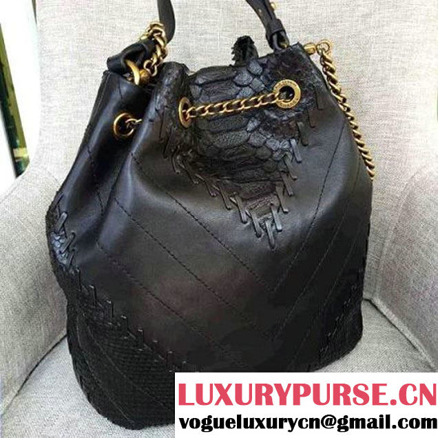 Chanel Calfskin & Python Leather Medium Drawstring Bag Black/Gold 2016 (AV-6111720 )