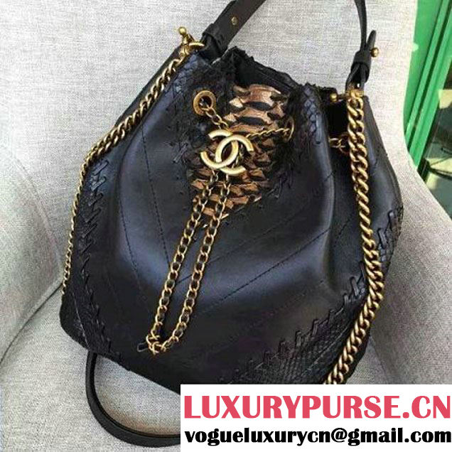 Chanel Calfskin & Python Leather Medium Drawstring Bag Black/Gold 2016 (AV-6111720 )