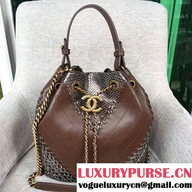 Chanel Calfskin & Python Leather Small Drawstring Bag Brown/Silver 2016 (AV-6112831 )