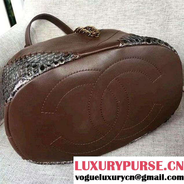 Chanel Calfskin & Python Leather Small Drawstring Bag Brown/Silver 2016 (AV-6112831 )