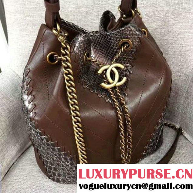 Chanel Calfskin & Python Leather Small Drawstring Bag Brown/Silver 2016 (AV-6112831 )