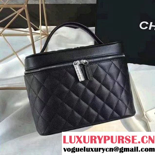 Chanel Grained Calfskin Medium Vanity Case Pouch Cosmetic Bag Black 2016 (KN-6122403 )