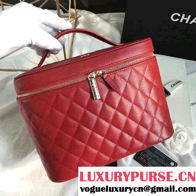 Chanel Grained Calfskin Medium Vanity Case Pouch Cosmetic Bag Red 2016 (KN-6122405 )