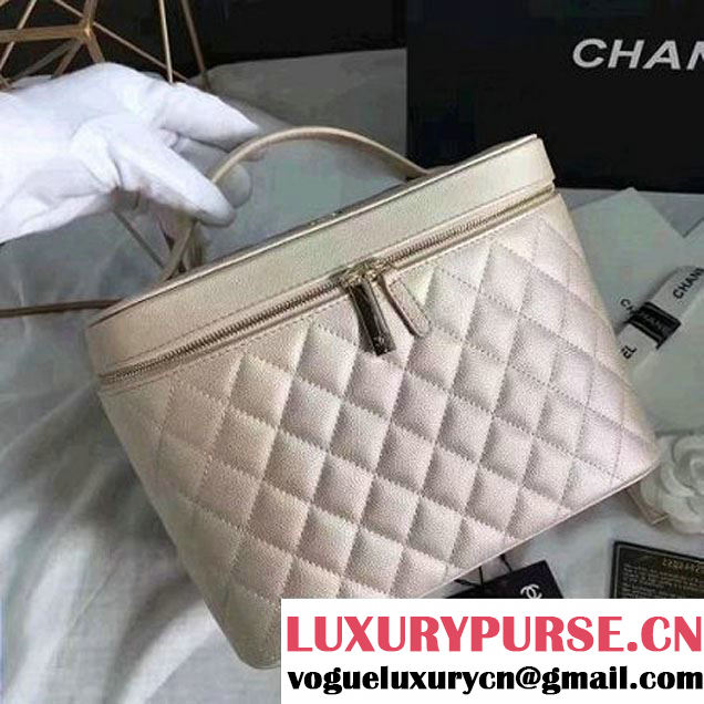 Chanel Grained Calfskin Medium Vanity Case Pouch Cosmetic Bag Beige 2016 (KN-6122409 )