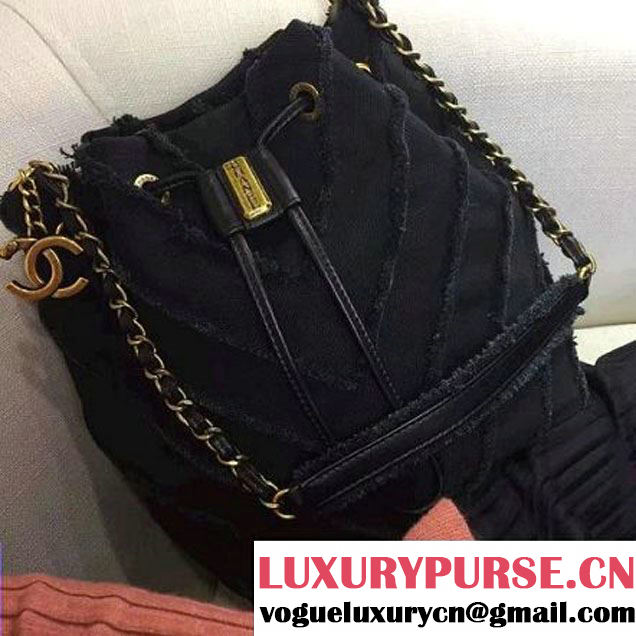 Chanel Canvas Patchwork Chevron Drawstring Bag A93727 Black Cruise 2017 (2A143-6122707 )