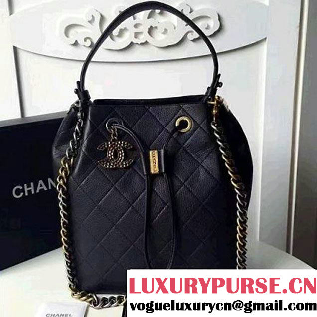 Chanel Black Grained Calfskin Drawstring Bag A93620 F/W 2016 (1A145-7010427 )