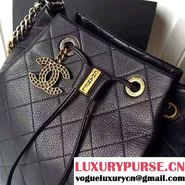Chanel Black Grained Calfskin Drawstring Bag A93620 F/W 2016 (1A145-7010427 )