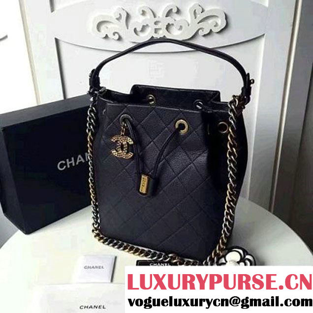 Chanel Black Grained Calfskin Drawstring Bag A93620 F/W 2016 (1A145-7010427 )