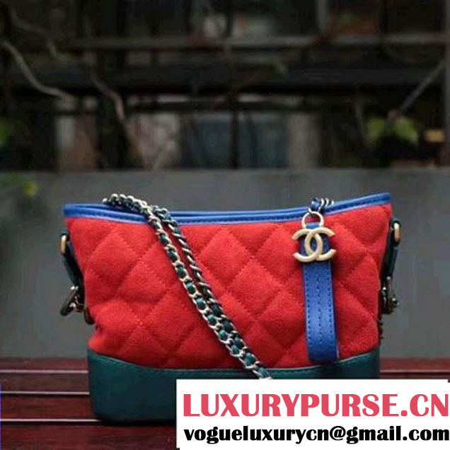 Chanel Gabrielle Small Hobo Bag In Suede Split Calfskin & Smooth Calfskin A91810 Blue/Red/Paon 2017 (2A143-7042407 )