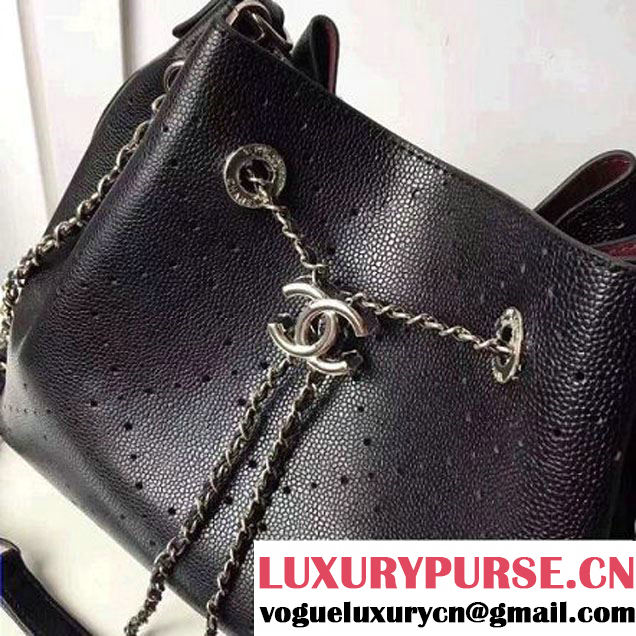 Chanel Grained Holes Calfskin Drawstring Bag A93722 Black 2017 (1A145-7051821 )