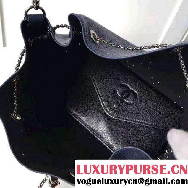 Chanel Grained Holes Calfskin Drawstring Bag A93722 Deep Blue 2017 (1A145-7051822 )