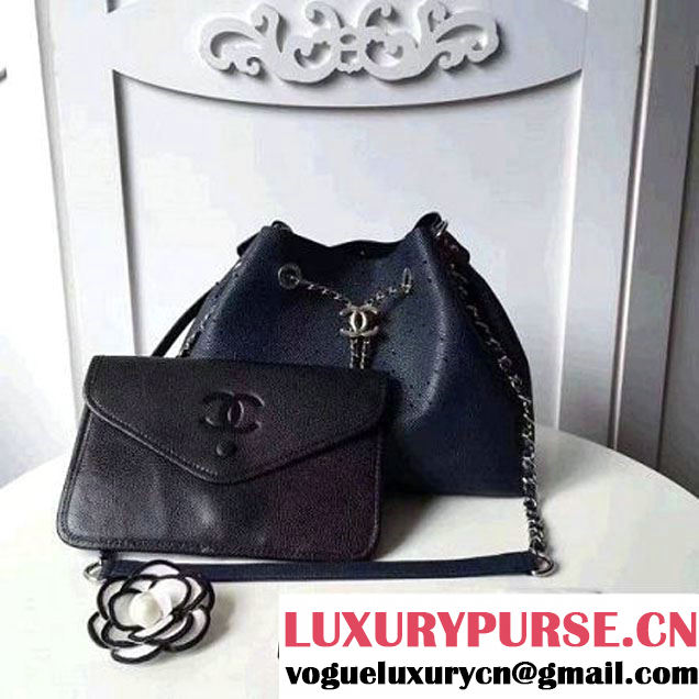 Chanel Grained Holes Calfskin Drawstring Bag A93722 Deep Blue 2017 (1A145-7051822 )