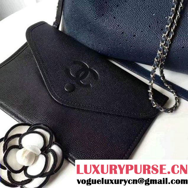 Chanel Grained Holes Calfskin Drawstring Bag A93722 Deep Blue 2017 (1A145-7051822 )
