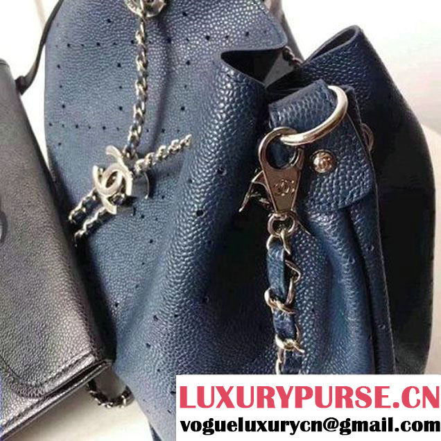 Chanel Grained Holes Calfskin Drawstring Bag A93722 Deep Blue 2017 (1A145-7051822 )
