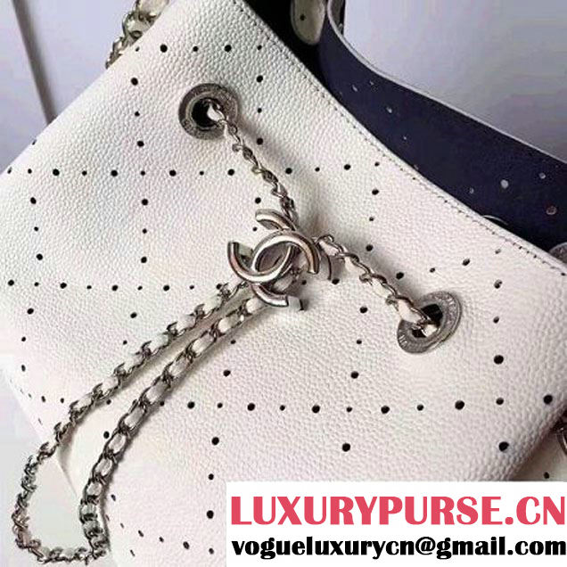 Chanel Grained Holes Calfskin Drawstring Bag A93722 White 2017 (1A145-7051823 )