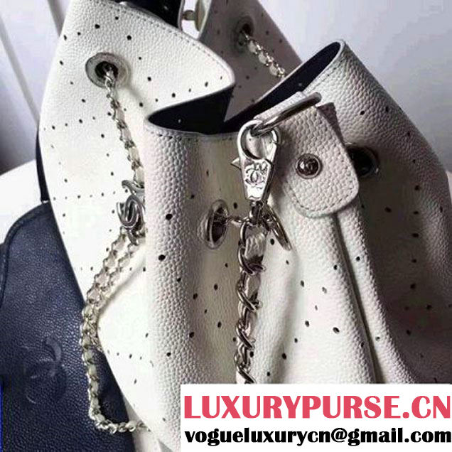 Chanel Grained Holes Calfskin Drawstring Bag A93722 White 2017 (1A145-7051823 )