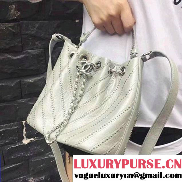 Chanel Calfskin Studded Wars Drawstring Bag With Top Handle A93850 Silver 2017 (2A143-7051824 )