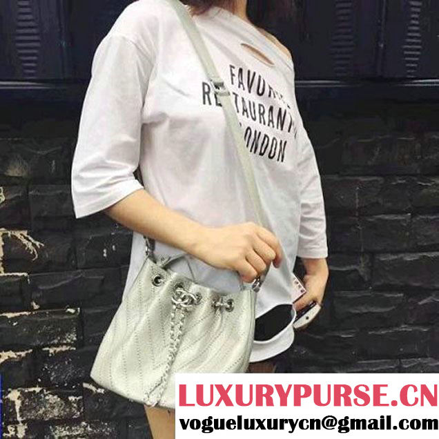 Chanel Calfskin Studded Wars Drawstring Bag With Top Handle A93850 Silver 2017 (2A143-7051824 )