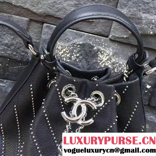 Chanel Calfskin Studded Wars Drawstring Bag With Top Handle A93850 Black 2017 (2A143-7051825 )