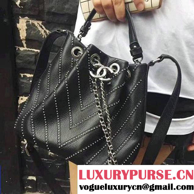 Chanel Calfskin Studded Wars Drawstring Bag With Top Handle A93850 Black 2017 (2A143-7051825 )
