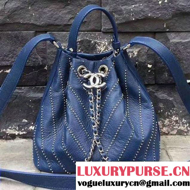 Chanel Calfskin Studded Wars Drawstring Bag With Top Handle A93850 Blue 2017 (2A143-7051826 )